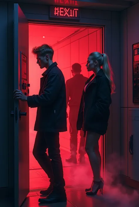 " A dramatic illustration showing Justin Bieber and Margot Robbie arriving at a locked emergency exit.  Justin knocks on the door with force ,  looking back with a tense expression .  Margot presses the control panel next to ,  trying to unlock the exit . ...