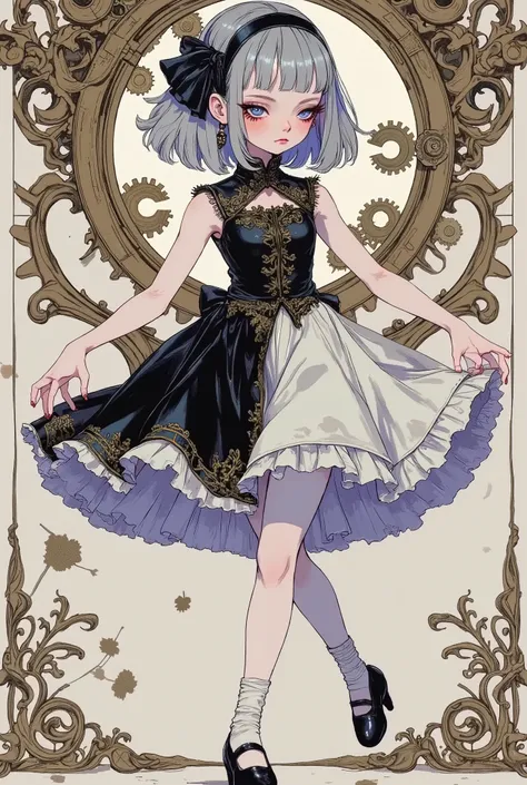 (masterpiece, perfect detail), ( 1girl , Doll Body, Doll Joints, Silver short bob, with bangs and eyes hidden , Purple Lips, Sleeveless gothic dress composed of black and white, Frills folded over and over, frill headband, Black ballet shoes , (open leg...