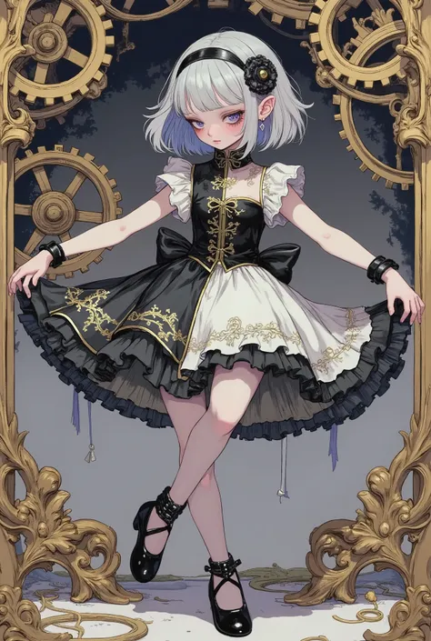 (masterpiece, perfect detail), ( 1girl , Doll Body, Doll Joints, Silver short bob, with bangs and eyes hidden , Purple Lips, Sleeveless gothic dress composed of black and white, Frills folded over and over, frill headband, Black ballet shoes , (open leg...