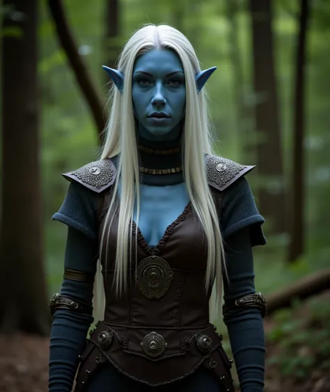 idyllic fantasy forest, (((facial lighting))), cinematic photo, perfect figure, (((blue skinned female, white hair))), elf pointed ears, long hair, straight hair, 1girl, realistic, looking at viewer, lips, solo, long hair, 5mm photograph, film, professiona...