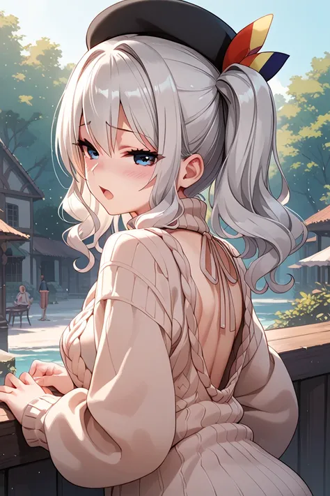  1girl  , alone, masterpiece,best quality, highres icon,highly detailed, kashima, k_hat,black beret, close eyes,blush,  female orgasm,meme_attire,virgin_destroyer_sweater, looking back