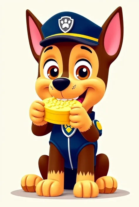 Create a vector illustration of Chase, From Paw Patrol, Eating corn cake