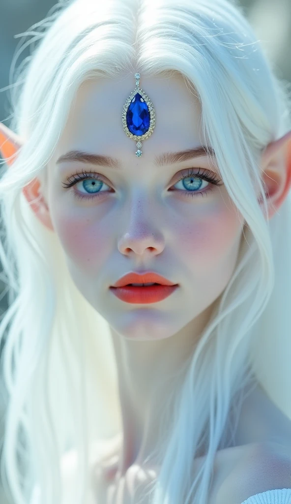 "A divinely beautiful feminine face, with snow-white skin, flawless and luminous. Her platinum white hair falls softly, framing her delicate and perfect features. Her small elfin ears add an exotic and graceful touch, while a brilliant sapphire, encrusted ...