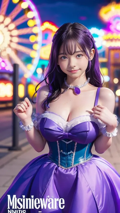 Emma Myers, whole body,  top quality, 1 girl, Alone, Bright purple hair, (Amusement park at night,  magazine cover ),  and watch the viewers, Intense Perspectives , Playing with the camera, smile,  standing、walk、Cinderella Castle in the background 、Braided...