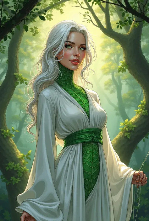 woman with spider body, in white and green robe, white hair, white skin, green web tattoos, green eyes, gentle smile, divine aura,  dangling from a web in the forest canopy,hand drawn digital art, colorful, in the style of frank cho