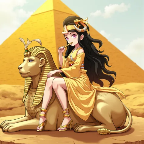  Full body portrait、Kamado Nezuko is wearing Pharaoh's shiny golden costume  、 on her costume「JTT」Embroidered with 、 full body、   she is riding the Sphinx crotched、On the Sphinx 「JTT」 is written on Japanese swords、 has no scars on her forehead    。  her ey...