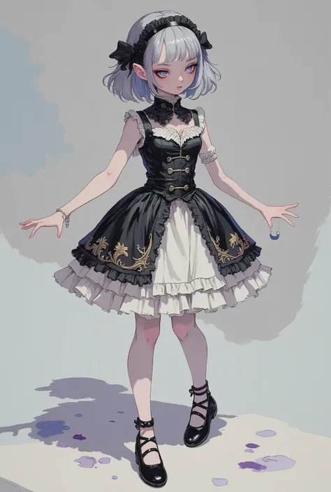 (masterpiece, perfect detail), ( 1girl , Doll Body, Ball joints, Silver short bob, with bangs and eyes hidden , Purple Lips, Sleeveless gothic dress composed of black and white, Frills folded over and over, frill headband, Black ballet shoes , open legs