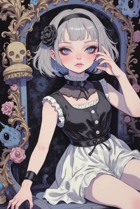 (masterpiece, perfect detail), ( 1girl , Doll Body, Ball joints, Silver short bob, with bangs and eyes hidden , Purple Lips, Sleeveless gothic dress composed of black and white, Frills folded over and over, frill headband, Black ballet shoes , open legs