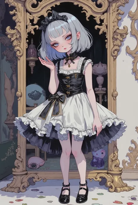 (masterpiece, perfect detail), ( 1girl , Doll Body, Ball joints, Silver short bob, with bangs and eyes hidden , Purple Lips, Sleeveless gothic dress composed of black and white, Frills folded over and over, frill headband, Black ballet shoes , open legs