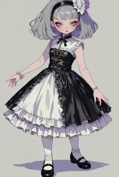 (masterpiece, perfect detail), ( 1girl , Doll Body, Ball joints, Silver short bob, with bangs and eyes hidden , Purple Lips, Sleeveless gothic dress composed of black and white, Frills folded over and over, frill headband, Black ballet shoes , open legs