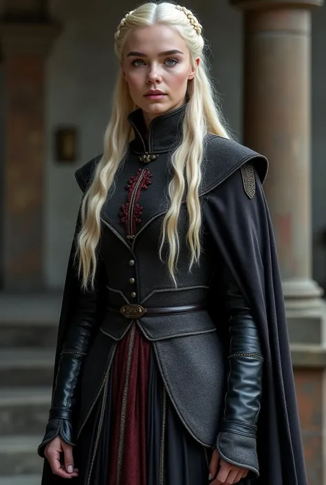 CREATE A REALISTIC 4K IMAGE OF Daenerys Targaryen FROM GAME OF THRONES. Pale skin, violet eyes, long straight golden hair.  The clothing is made from dense, luxurious materials such as wool and velvet, which provide protection from the cold of the North an...