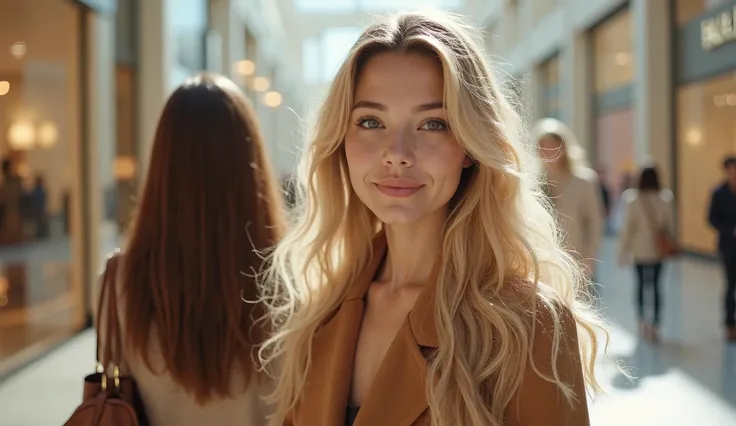  Realistic image of two girls strolling in a large luxury mall. One of them is a blonde with light and wavy hair with a well-outlined and delicate face., we can clearly see your face, Which is extremely beautiful. The other girl has dull and very smooth br...