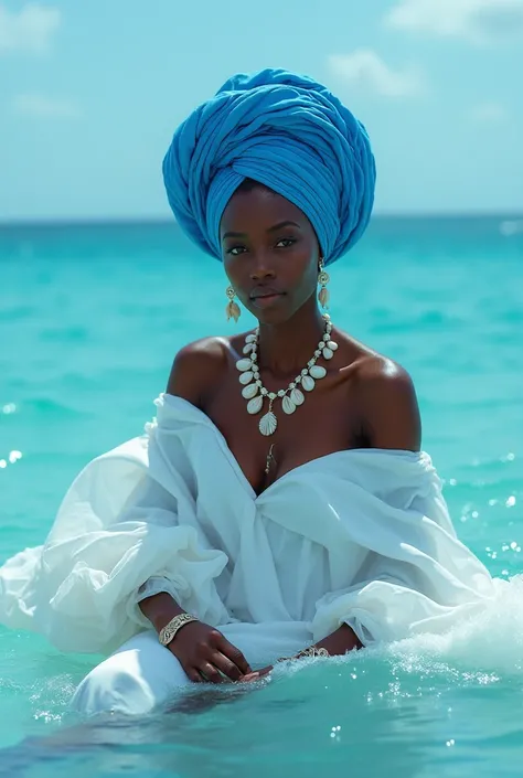 African woman in ocean blue turban and white clothes with shell accessories in the sea