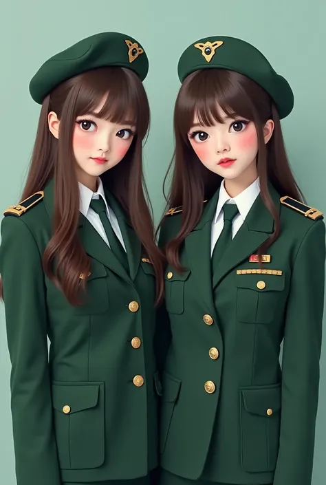 korean triplets woman sisters army beret uniform,green necktie green jacket suit green tight skirt,twoshot green suit salute,army long hair, bangs, blue eyes, black hair, ribbon, hair ribbon, blue ribbon, hair over shoulder, medium breasts,brown hair, brow...