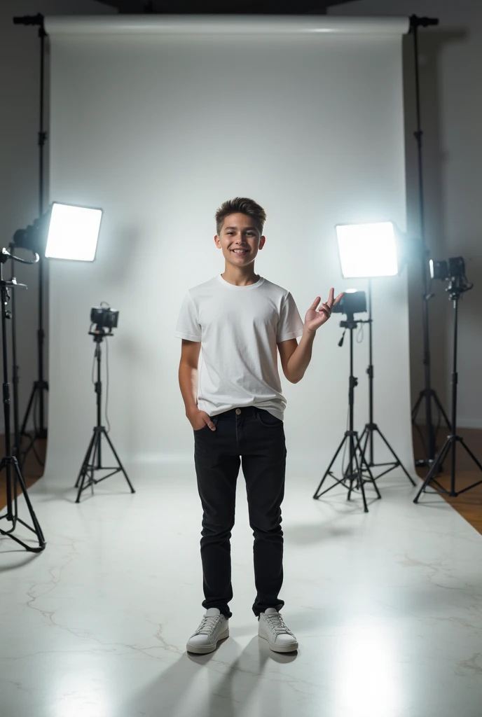 A confident Swiss boy, around , stands in the center of a professional studio wearing a white t-shirt and stylish black jeans. He exudes charisma and leadership, illuminated by a high-end 3-point lighting setup with Lowel Sony lights. Two DJI Ronin 4D (6K ...