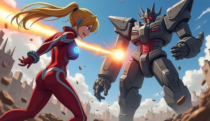 A dynamic anime-style illustration depicting a beautiful female warrior in a combat suit, facing an intense battle against an evil robot. The female warrior has long blonde twin tails and wears a striking red and white bodysuit, revealing yet intricately d...