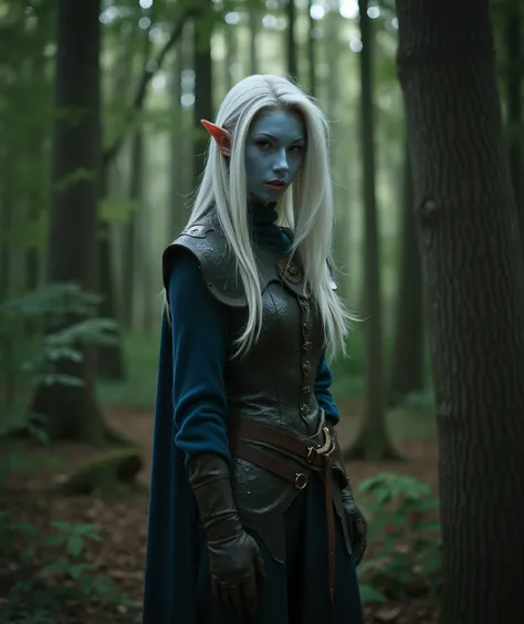 idyllic fantasy forest, (((facial lighting))), cinematic photo, perfect figure, (((blue skinned female, white hair))), elf pointed ears, long hair, straight hair, 1girl, realistic, looking at viewer, lips, solo, long hair, 5mm photograph, film, professiona...