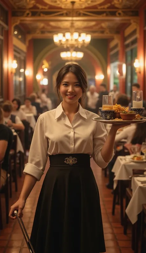 High resolution high quality high details volume 1 woman pretty waitress tray restaurant guests