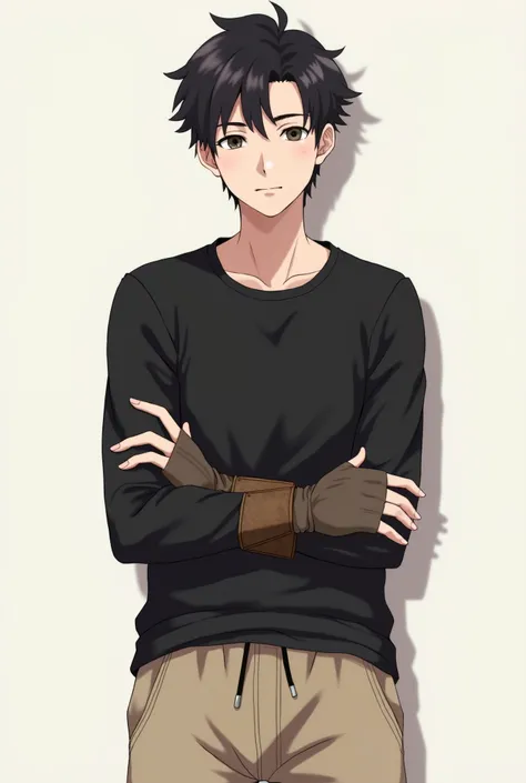 25-year-old realistic anime style, Simple pose wearing a basic black fitted long-sleeve shirt and beige sweatpants with warrior mittens in the hands over the shirt sleeves 