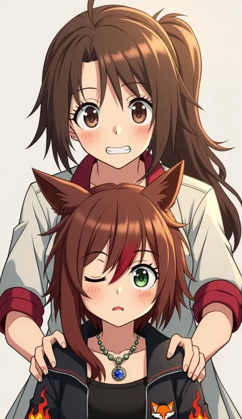 anime angry tomboy mother with ruby on forehead brown hair long white coat with short sleeves red trim black tank top with red trim and fox emblem underneath long brown hair with red and yellow highlights on the left of her hair spanking angry tomboy daugh...