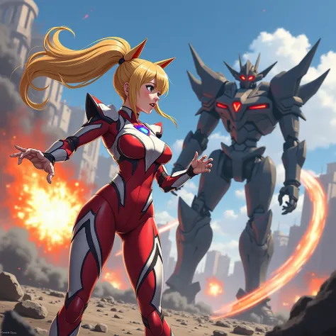 A dynamic anime-style illustration depicting a beautiful female warrior in a combat suit, facing an intense battle against an evil robot. The female warrior has long blonde twin tails and wears a striking red and white bodysuit, revealing yet intricately d...