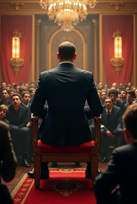 A crowd of people kneeling before an arrogant man,  sitting on a chair , suit dress,  ultra realistic image , 4K