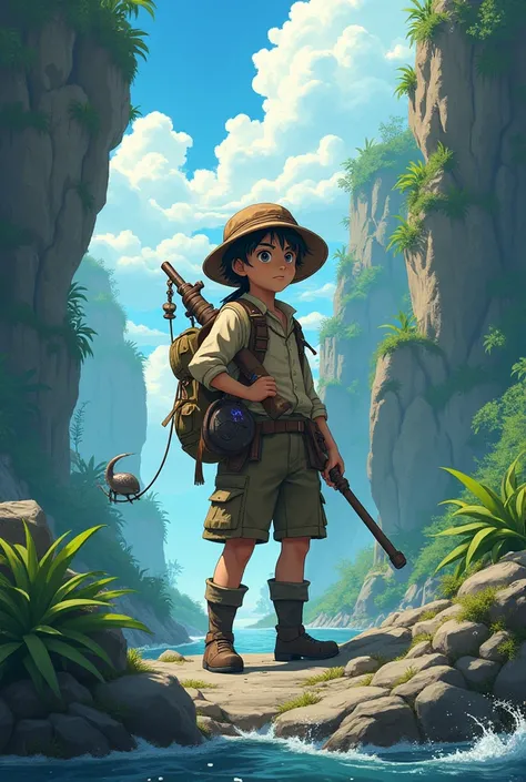 Young fisherman in rugged anime looking everywhere looking for some sound