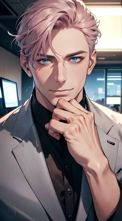 (best quality,4k,8k,highres,masterpiece:1.2),ultra-detailed,(realistic,photorealistic,photo-realistic:1.37),1 man,3,mature man,very handsome,without expression,smile,short grey pink hair,blue eyes,penetrating gaze,perfect face without errors,imposing postu...