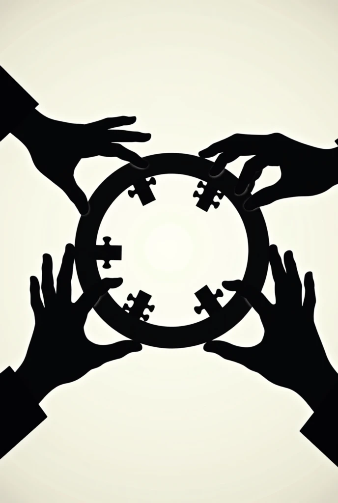 Silhouette of 3 hands about to fit puzzle pieces into a circle