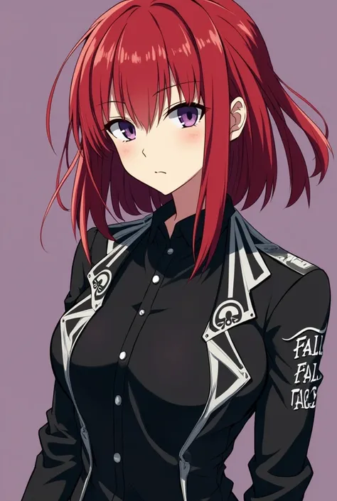  create an image with the same animation as the anime Tokyo Revangers,  being female , with red hair,  dark purple eyes ,  your uniform being a black and white gang ,  written in the Fallen Angels uniform ,  being a coat with a black shirt  , Medium hair r...