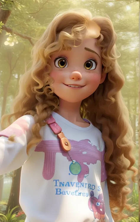  Illustration of an 08 year old adventurer with curly blonde hair , brown eyes and white and pink blouse .  She stands next to a little beagle dog Both are in an enchanted forest,  reflecting Disney Pixar style , Surrounded by magical trees and twinkling l...