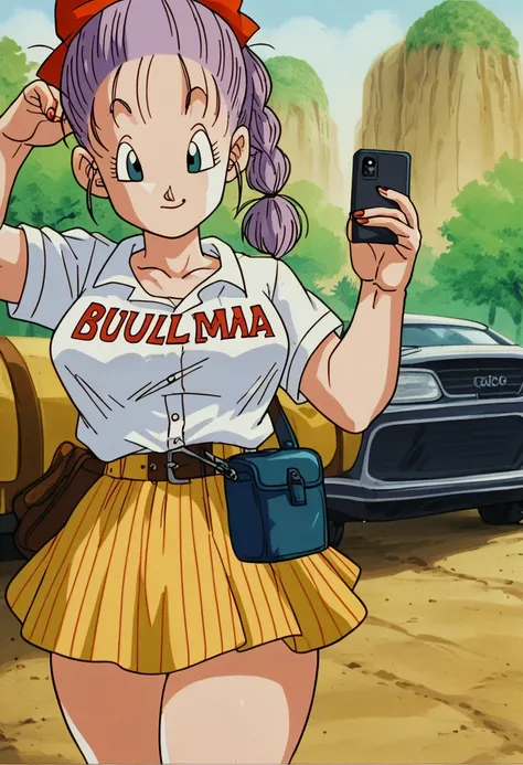 Bulma- big mothed hair with red ribbon tied around her hair medium big boobs shaved abdomen thick thighs big yellow blouse yellow skirt thick thighs Big with cell phone in hand in front of the sexy mirror calcinha fio-dental branca colchas grossas Grande r...