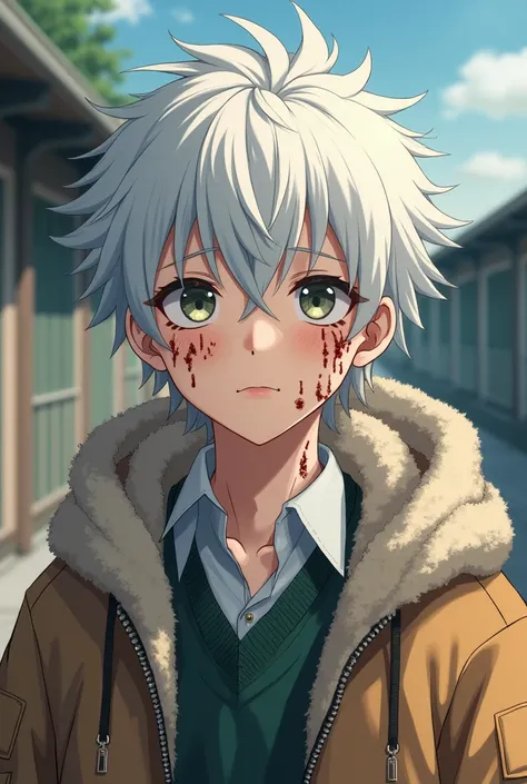 White haired high-school anime boy with scars on his face. He’s wearing a cozy jacket on top of his highschool uniform.