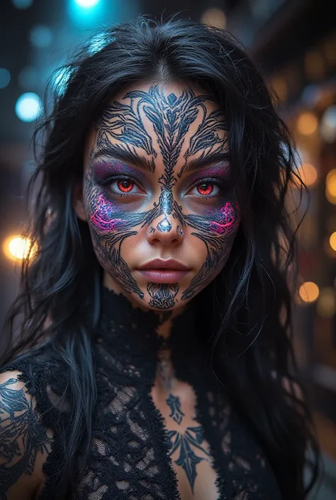 Create a hyper detailed photograph of a tattooed muscular young sexy kaiju , Stunningly perfect gorgeous face, perfect makeup, detailed vibrant neon sapphire eyes, long hair, big beautiful muscular legs, big beautiful muscular arms, big back muscles, perfe...