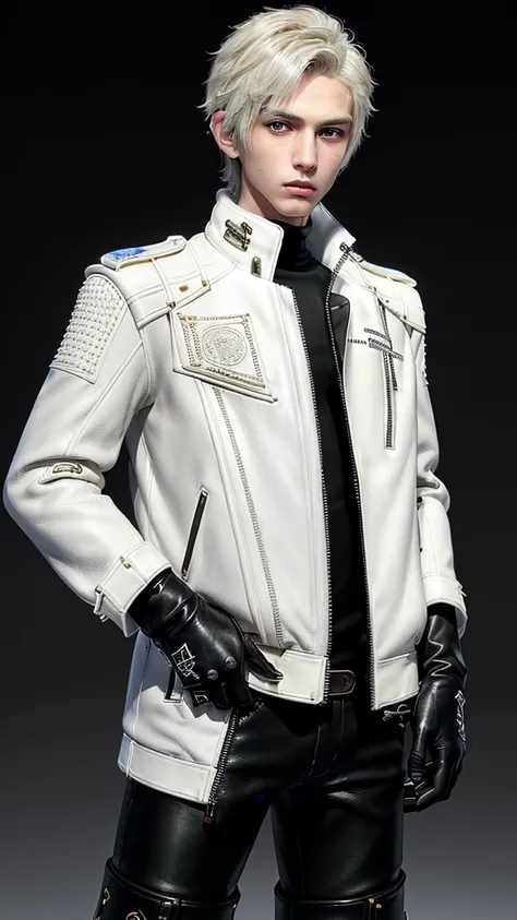 ((Final fantasy taste and reality graphics)), ((Japanese young cute and cool ikemen  boy)), his age is early 20s, thin eyebrows and beady eyes,, (((((boy wearing cream-white color thick leather and single-brest double zipper jacket))))), ,(((((jacket is vo...