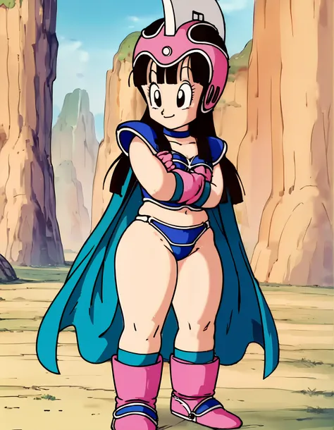 source_anime, score_9, score_8_up, score_7_up, anime screencap, absurdres, 1986 dragon ball, dragonball chichi, chi-chi, aged down, female , young girl, 1girl, long hair, blunt bangs, smile, black hair, black eyes, pink headwear, upper body, boots, blue ch...