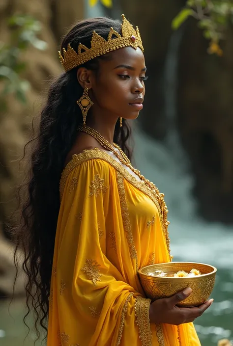  Oxum is the Yoruba goddess of love , the fertility ,  and fresh waters .  She is represented as a woman of incomparable beauty ,  wrapped in a golden or yellow dress ,  fluid and brilliant ,  who symbolizes gold and wealth .  Her long hair and loose refle...