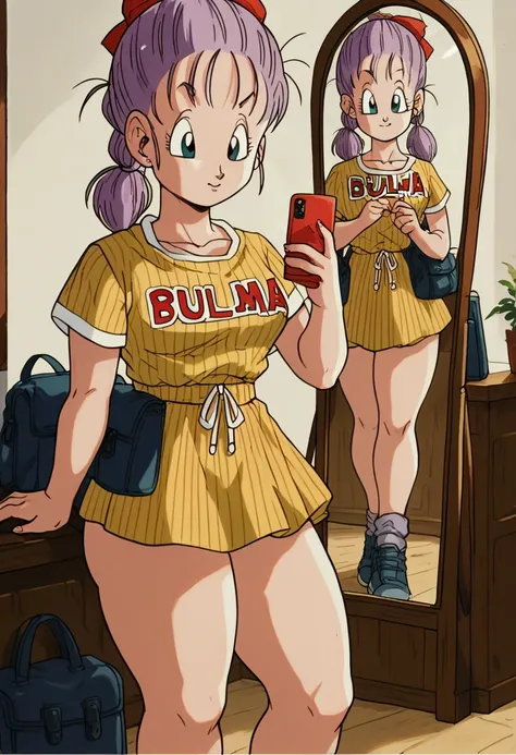 Bulma- big mothed hair with red ribbon tied around her hair medium big boobs shaved abdomen thick thighs big yellow blouse yellow skirt thick thighs Big with cell phone in hand in front of the sexy mirror