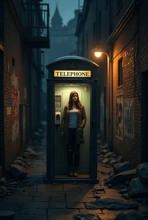 A telephone booth with a woman inside , In the middle of an alley ,  that is at night and that is as realistic as possible,   I need the image of 3000×3000 pixels , 