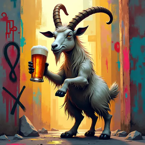 goat holding a beer glass, graffiti style.