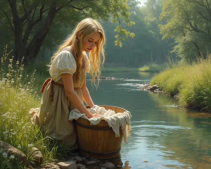 Beautiful blonde peasant girl is washing clothes on the edge of a stream