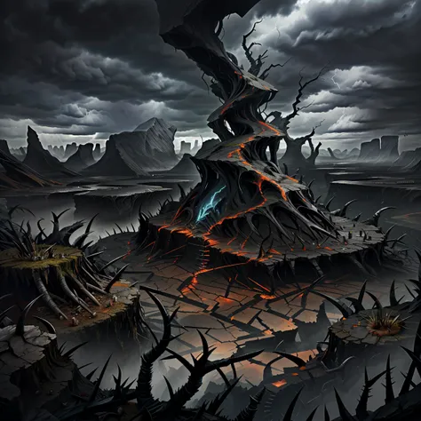  Cracked end open on the floor, Valley of Madness in the background . thorns, chaos, devastation,  dramatic cloudy sky . horror art, Unreal Engine,  colorful sketch drawing. 