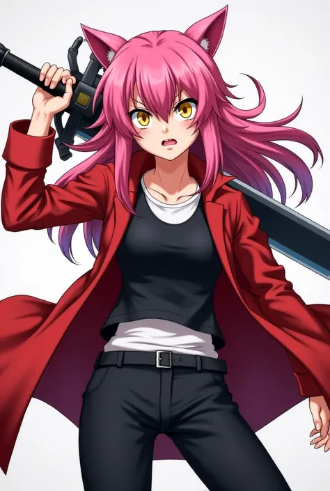  an anime werewolf girl ,  fair skin ,  pink hair,  golden eyes,  open red coat , Black vest underneath ,  white t-shirt under the vest,  black pants , Serious and furious expression ,  wielding a heavy sword .
