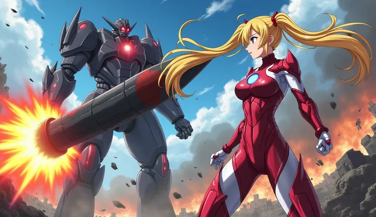 A dynamic anime-style illustration depicting a beautiful female warrior in a combat suit, facing an intense battle against an evil robot. The female warrior has long blonde twin tails and wears a striking red and white bodysuit, revealing yet intricately d...