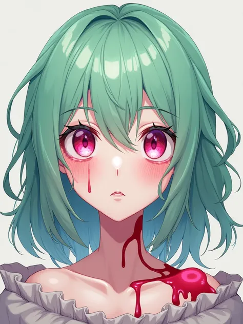 Anime girl 
Light green hair 
Fateh pink eyes 
White skin 
Filled blood 