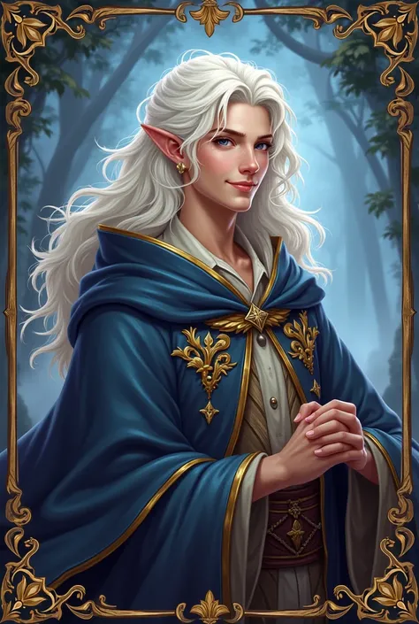 A card from a collectible deck.  Where the character is a Half-Tiferine, a White-haired Sorcerer with a smile on his face. The theme must be a card from a collectible deck and must contain the character's name