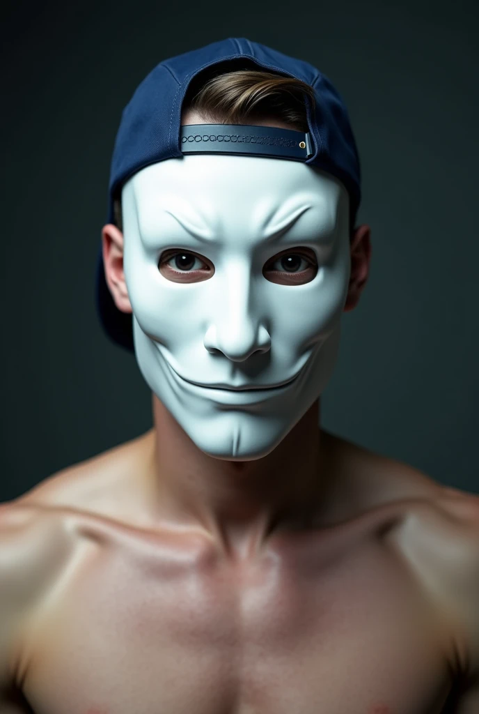 Close face with white mask closing the face 
With black eyes dark blue cap turned back shirtless 