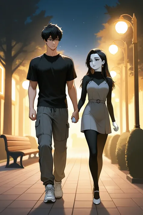   a couple walking hand in hand at night, the young and beautiful woman ,  has white skin and long black hair ,  wears a light gray sports dress and white sneakers,  The man wears a black t-shirt ,  gray cargo pants and white sneakers, They are in a park w...