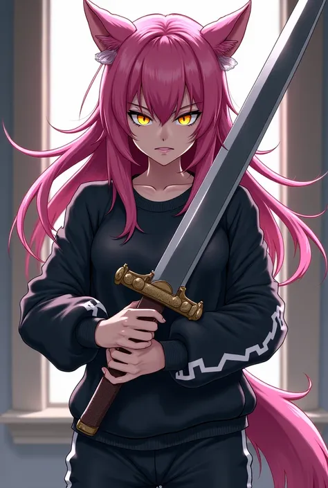  an anime werewolf girl ,  fair skin ,  pink hair,  golden eyes, black and white sweatshirt , black and white pants, Serious and furious expression ,  wielding a heavy sword.