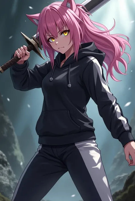  an anime werewolf girl ,  fair skin ,  pink hair,  golden eyes, black and white sweatshirt , black and white pants, Serious and furious expression ,  wielding a heavy sword .
